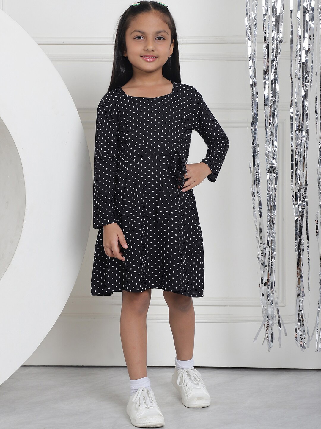 

MINI & MING Girls Polka Dot Printed Square Neck A-Line Dress, Black