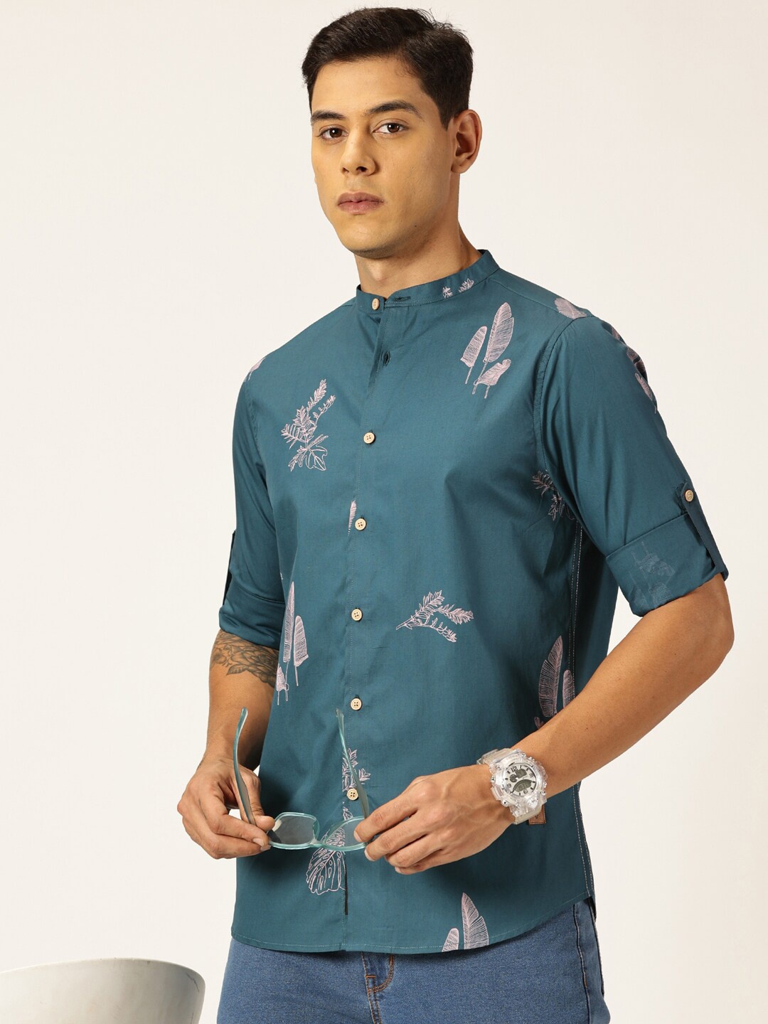 

Thomas Scott Premium Slim Fit Floral Opaque Printed Cotton Casual Shirt, Teal