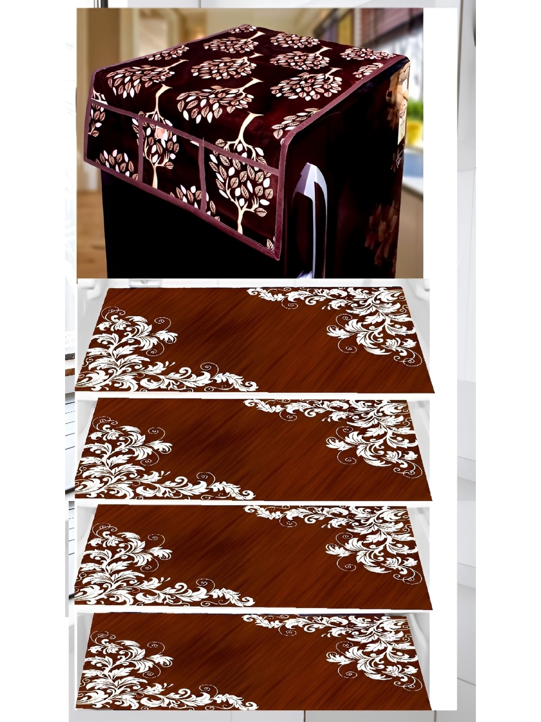 

REVEXO 5-pcs Maroon & White Printed Refrigerator Covers