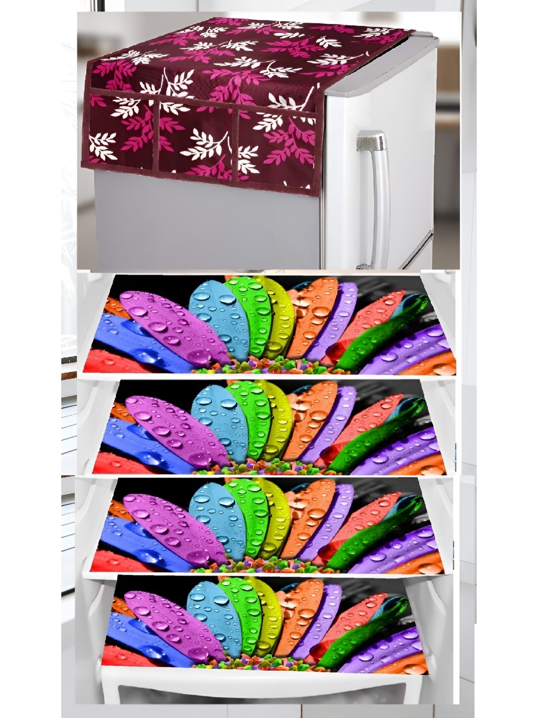 

REVEXO Maroon & Green 5 Pieces Printed Fridge Top Cover With Fridge Mats