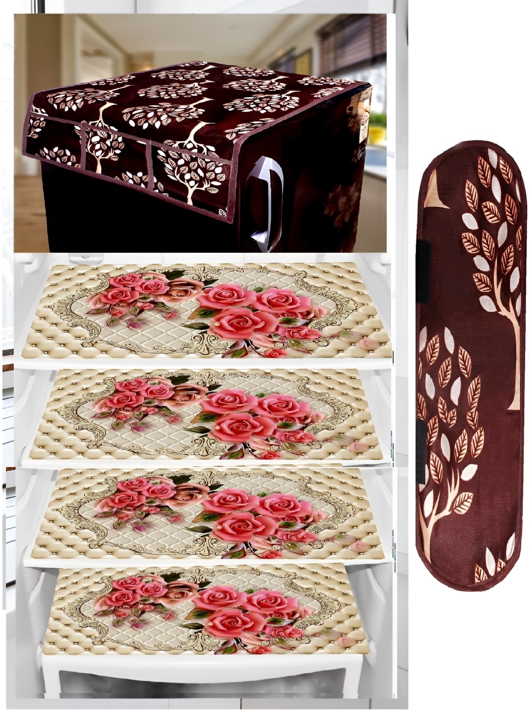 

REVEXO Brown & Cream Printed 1 Fridge Top Cover, 1 Fridge Handle Cover, 4 Fridge Mats