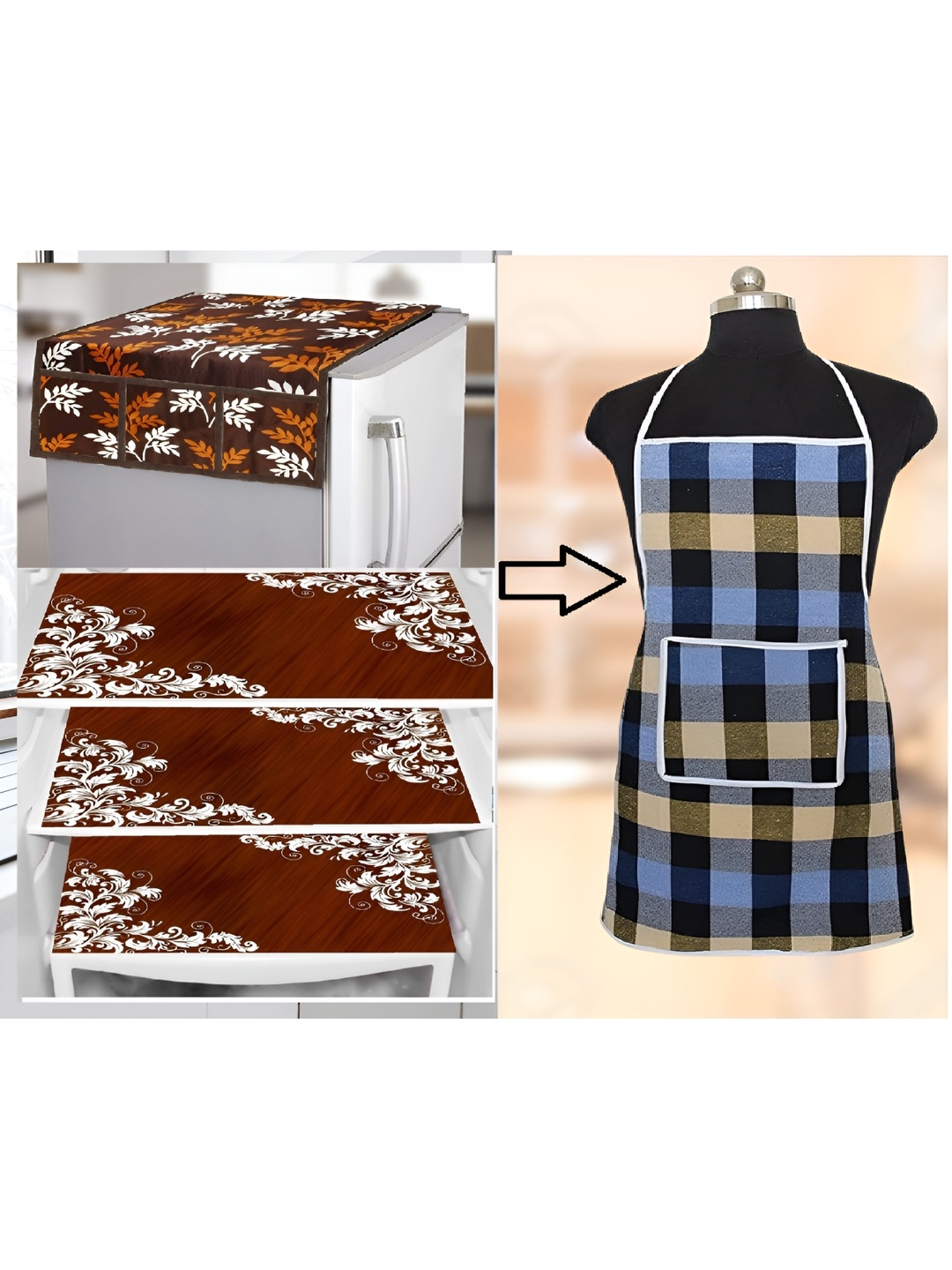 

REVEXO 4-pcs Maroon Printed Fridge Covers with Kitchen Apron, Multi