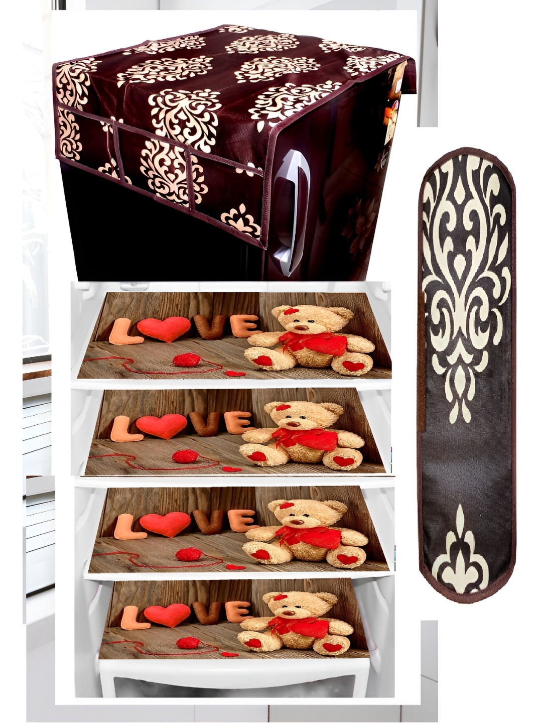 

REVEXO Maroon & Brown 6 Pieces Printed Fridge Covers