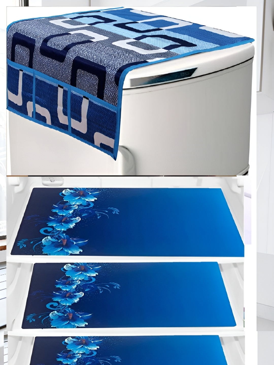 

REVEXO REVEXO Blue 5 Pieces Printed Fridge Cover With Mats