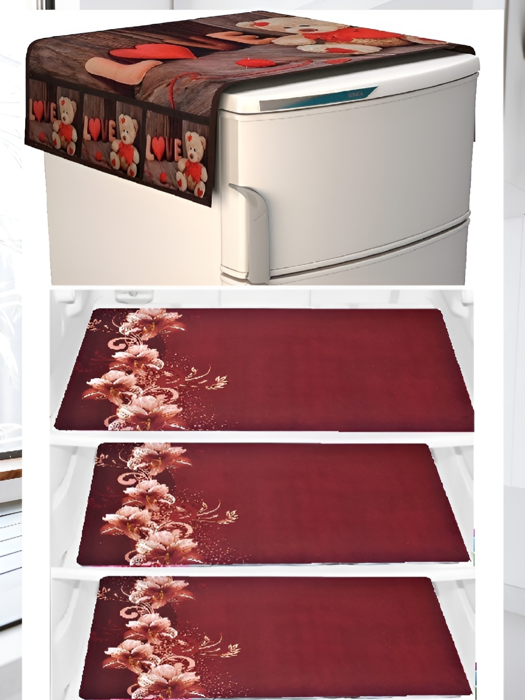 

REVEXO Maroon Floral Printed Fridge Cover With 3 Fridge Mats