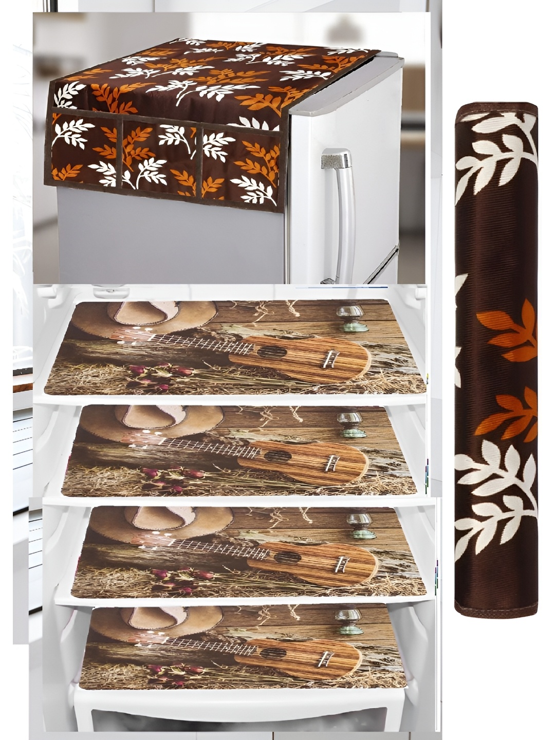 

REVEXO Brown & Beige Floral Printed Fridge Cover With 3 Fridge Mats