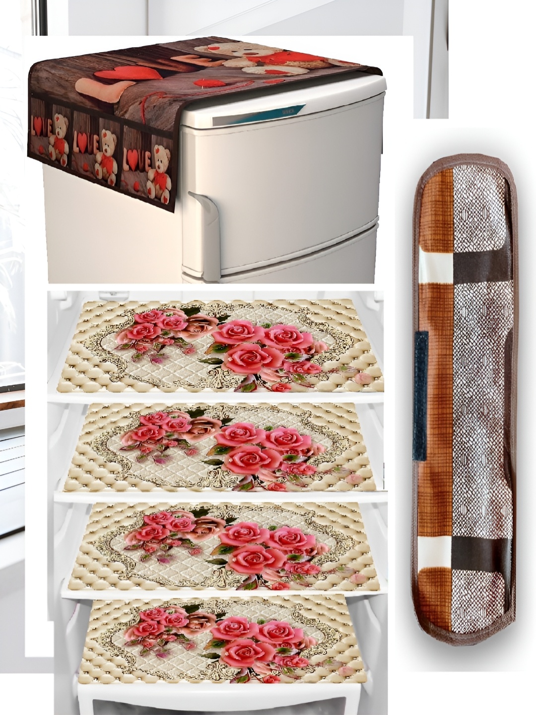

REVEXO 6-Pcs Pink & Brown Printed Fridge Top Cover, Handle Covers & Mats
