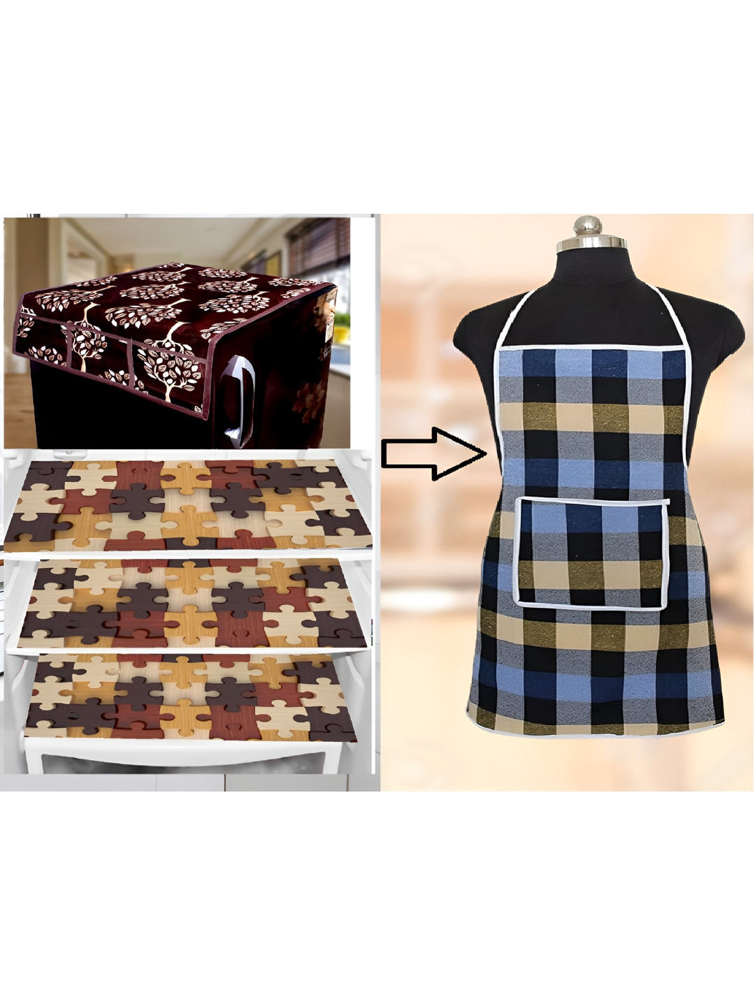 

REVEXO Brown & Cream 5 Pieces Printed Fridge Top Cover With Fridge Handle Cover & Frid
