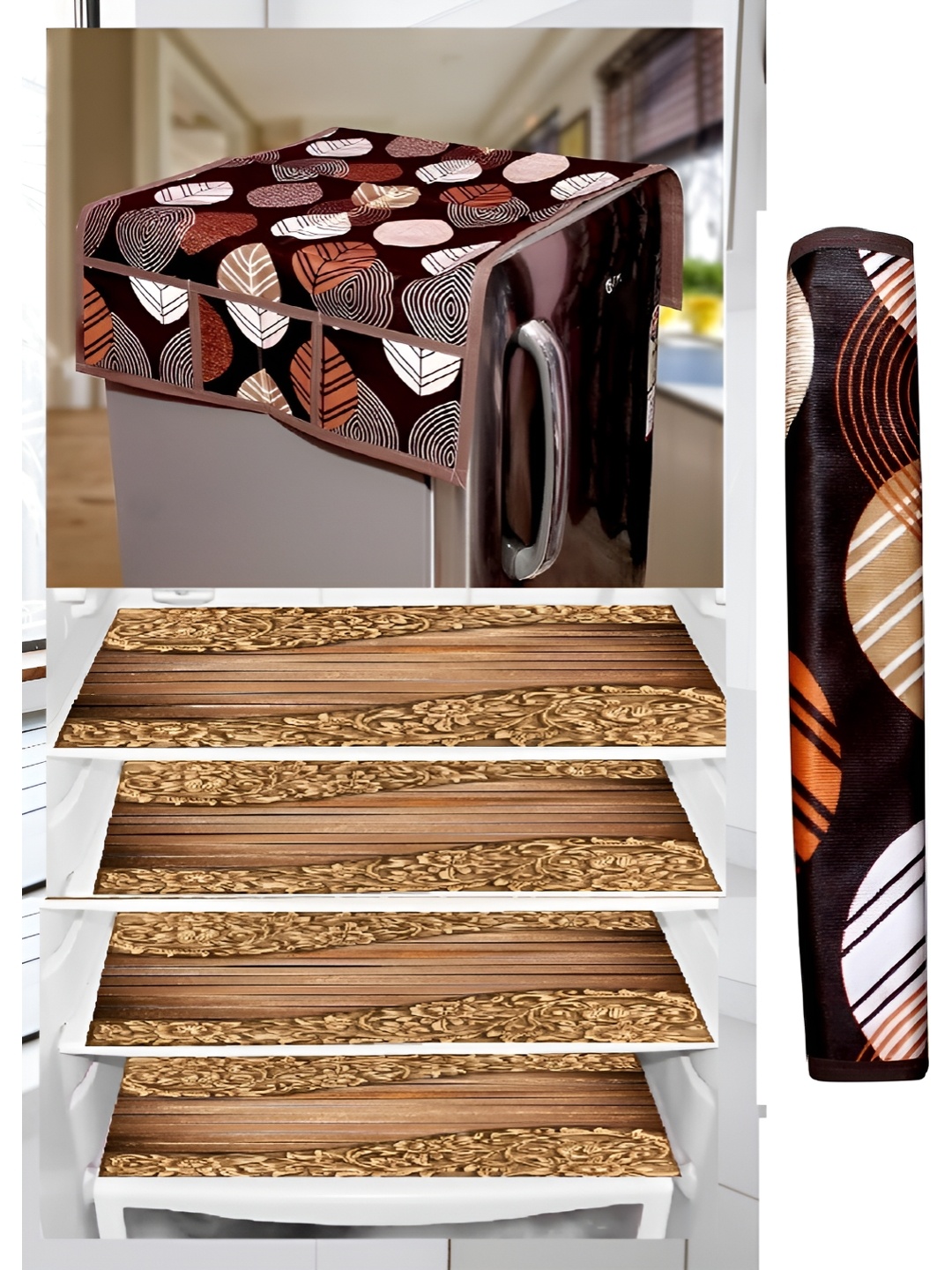 

REVEXO Brown & Black 6 Pieces Printed Fridge Cover With Mats