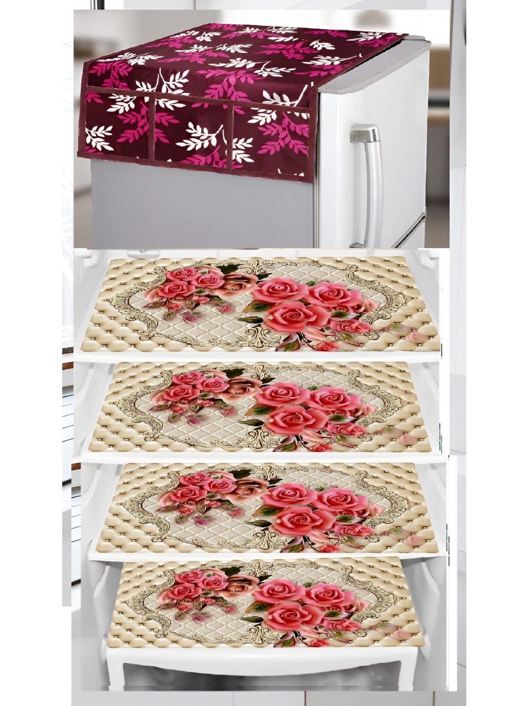

REVEXO Maroon & Beige 5 Pieces Printed Refrigerator Top Cover With Handle & Mats