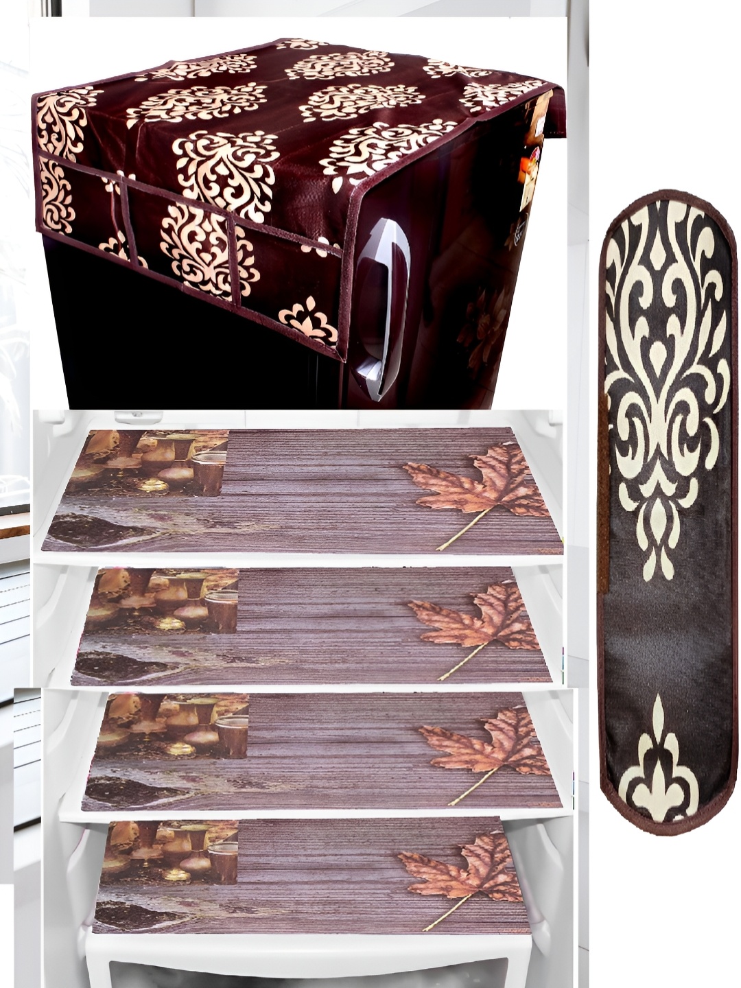 

REVEXO Brown & Maroon 6 Pieces Printed Refrigerator Top Cover With Handle & Mats