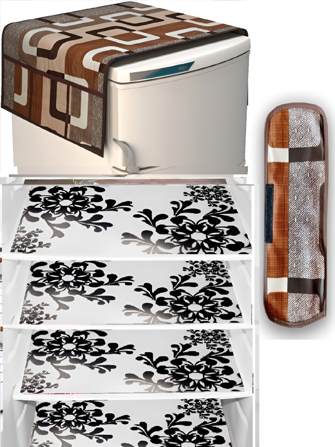

REVEXO Brown & White 5 Pieces Printed Top Cover With Handle Cover & Fridge Mats