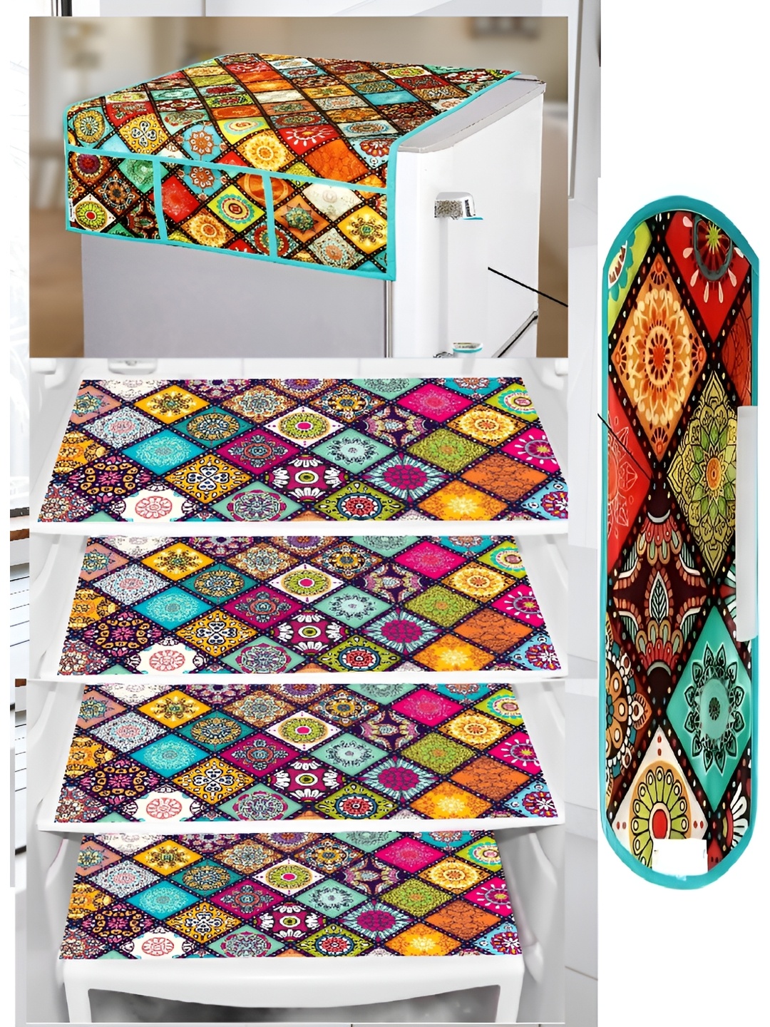 

REVEXO 6-Pcs Turquoise Blue & Pink Printed Refrigerator Top Cover With Handle & Mats