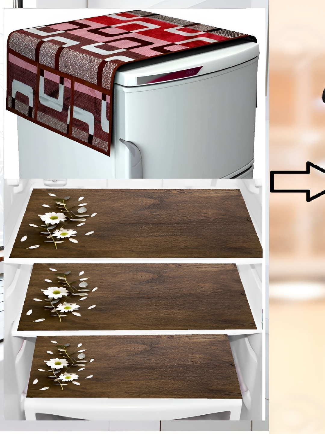 

REVEXO 5-Pcs Pink, Blue & Brown Printed Fridge Top Cover With Fridge Handle Cover & Fridge