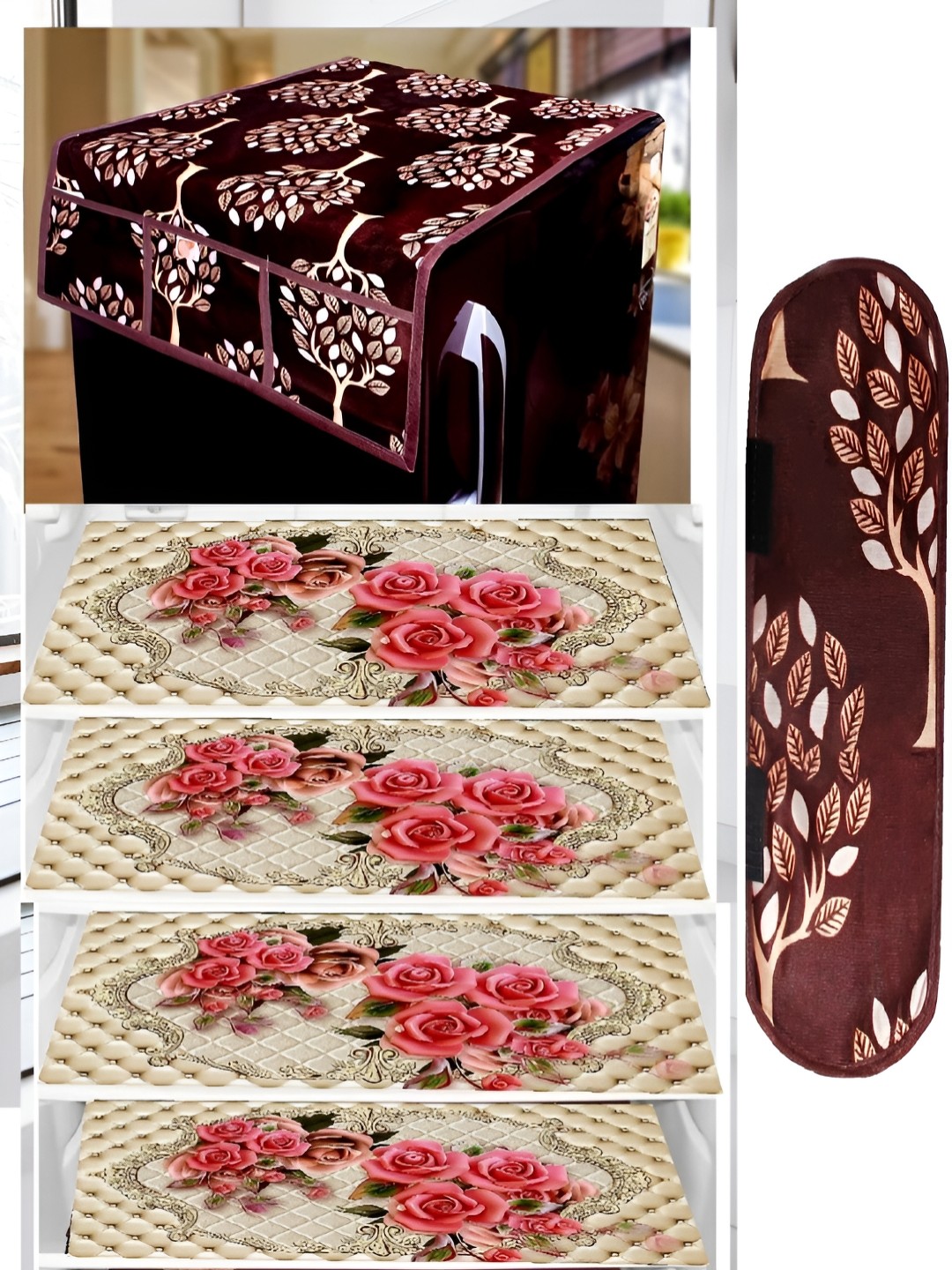 

REVEXO Maroon & White 6 Pieces Printed Fridge Top Cover, Brown