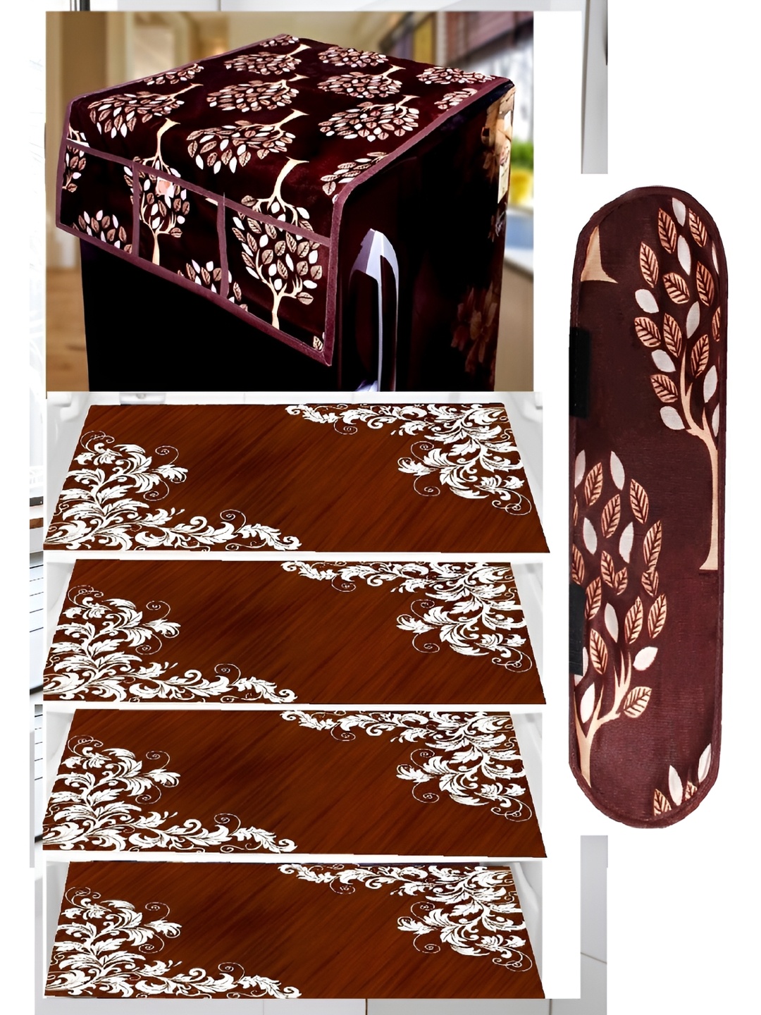 

REVEXO Brown & Beige Floral Printed Fridge Cover With 3 Fridge Mats
