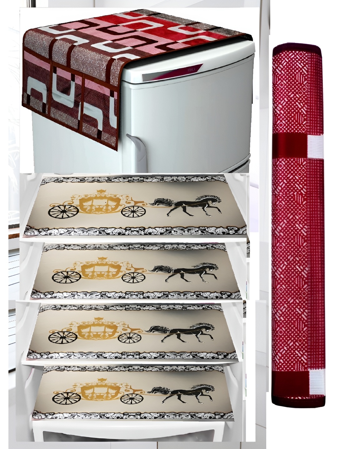 

REVEXO Maroon & cream 6 Pieces Printed Fridge Top Cover & Fridge Mats