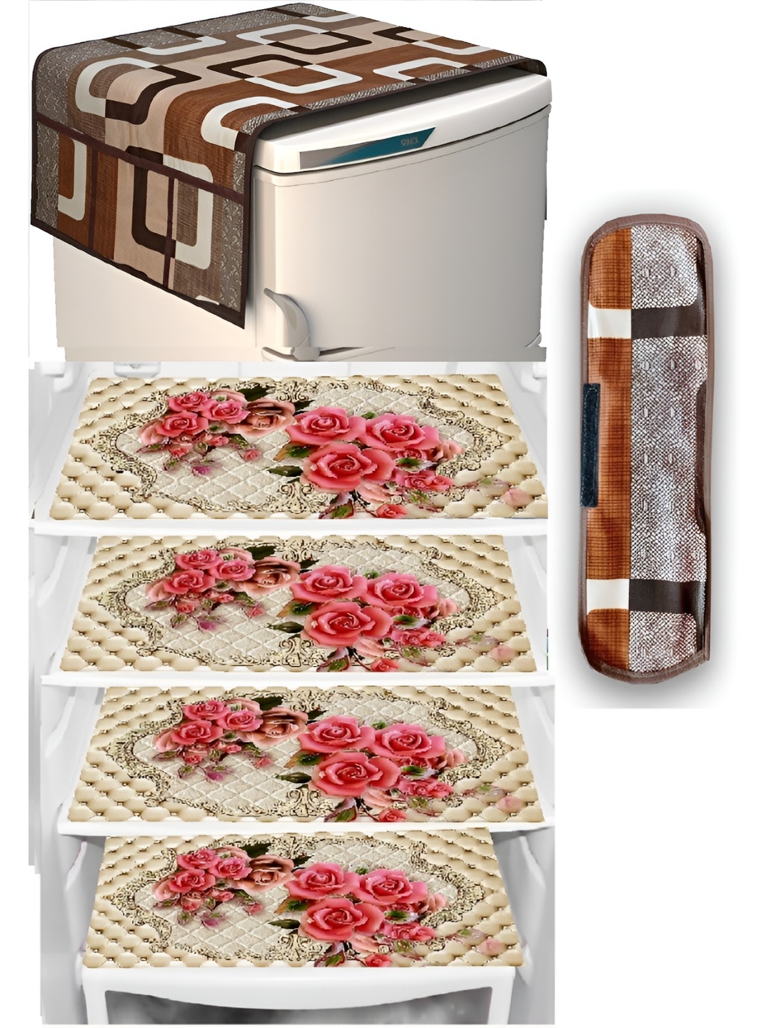 

REVEXO Brown & Beige 4 Pieces Printed Fridge Cover With Mats