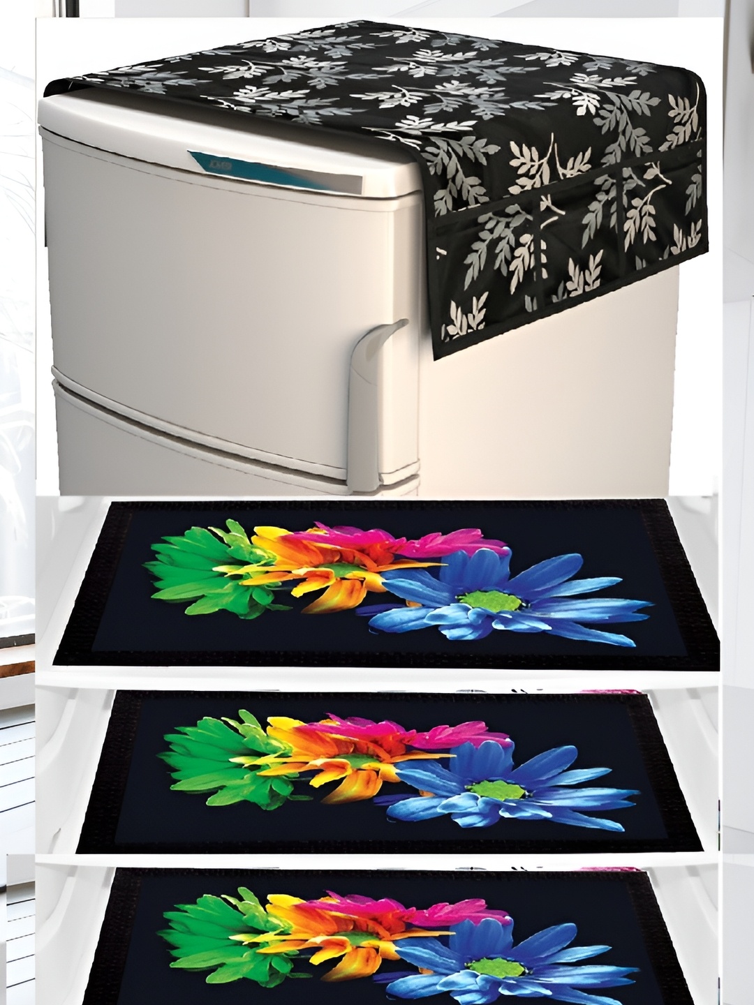 

REVEXO Black & White 4 Pieces Printed Fridge Top Cover