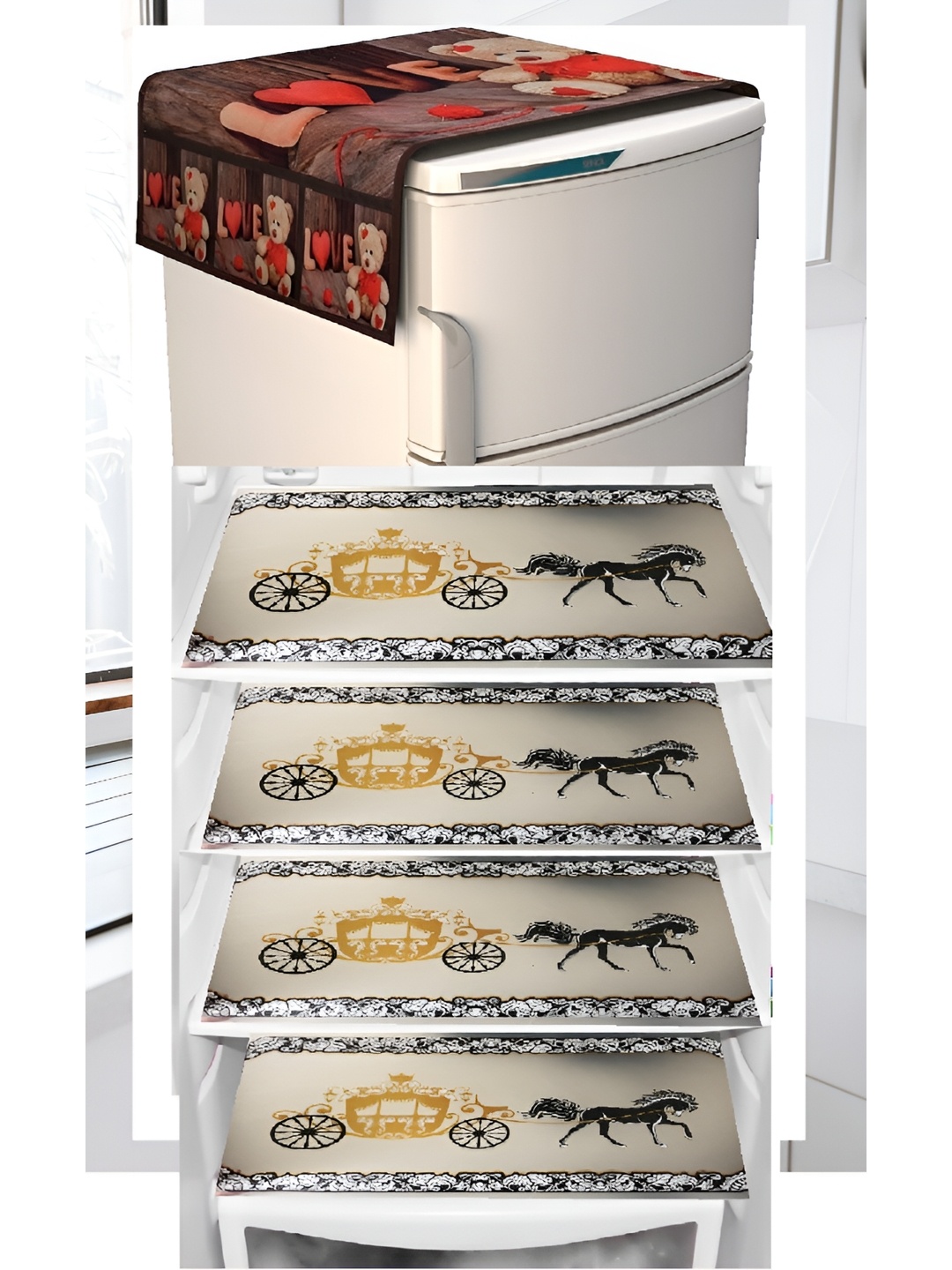 

REVEXO Brown & Beige 5 Pieces Floral Printed Fridge Cover With 3 Fridge Mats