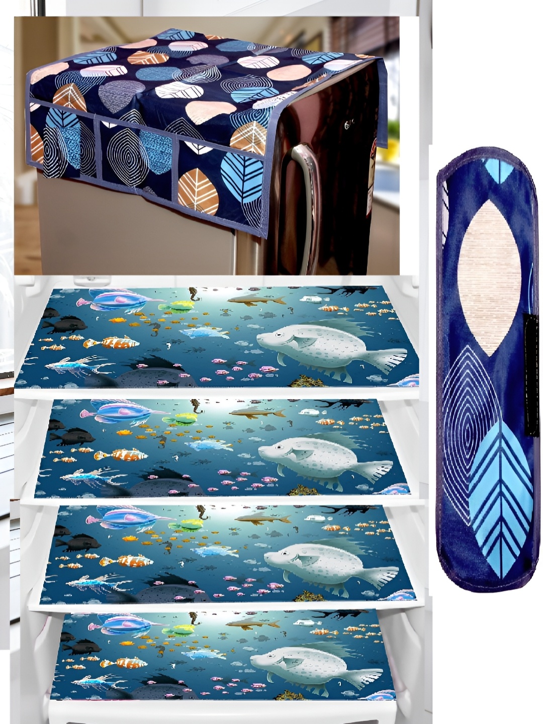 

REVEXO Blue & Brown 6 Pieces Floral Printed Appliance covers