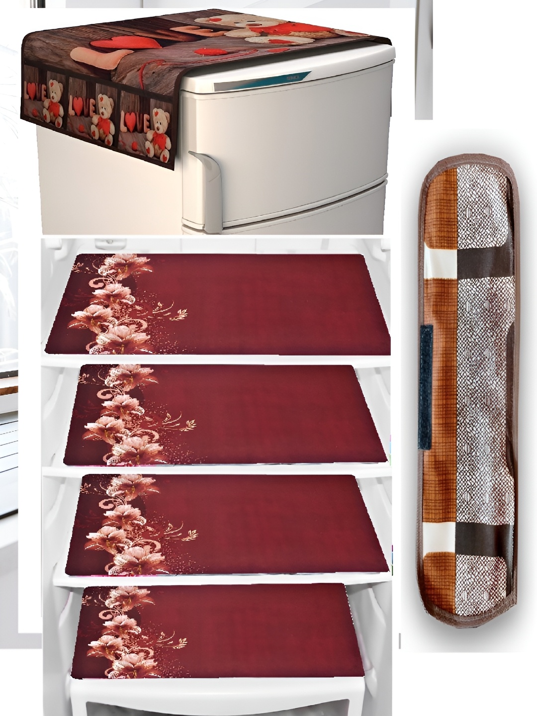 

REVEXO Brown & Red 6 pieces Printed Fridge Top Cover