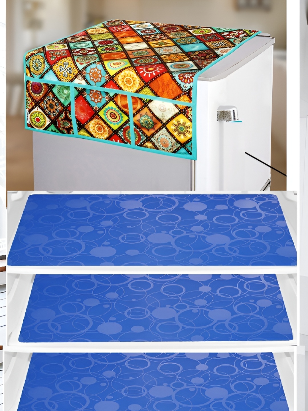 

REVEXO Blue & Red Floral Printed Fridge Cover With 3 Fridge Mats