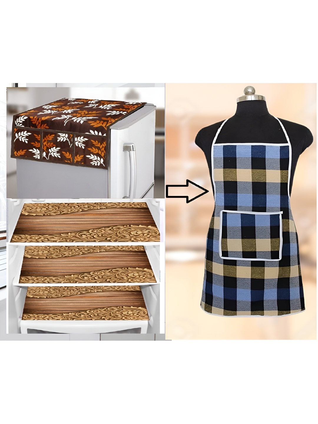 

REVEXO Blue & Brown 5 Pieces Printed Fridge Cover With Mats