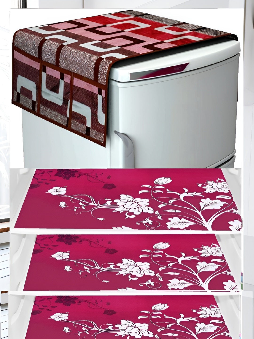 

REVEXO Brown & White 4 Pieces Printed Fridge Cover With Mats