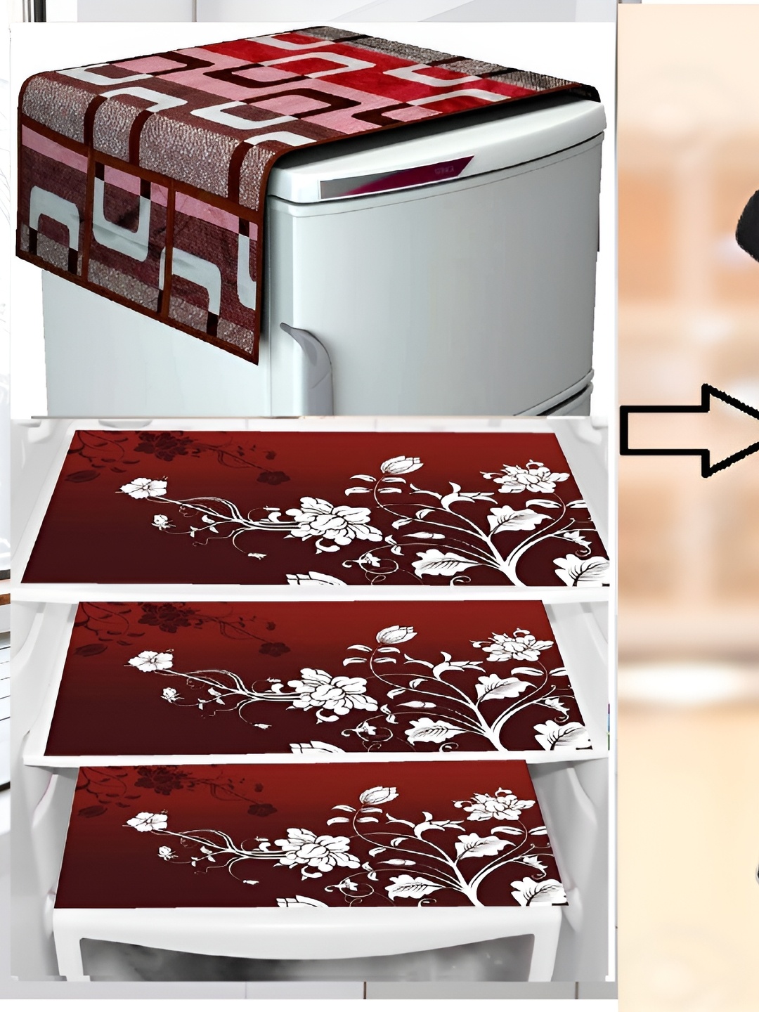 

REVEXO Brown & White Floral Printed Fridge Cover With 3 Fridge Mats