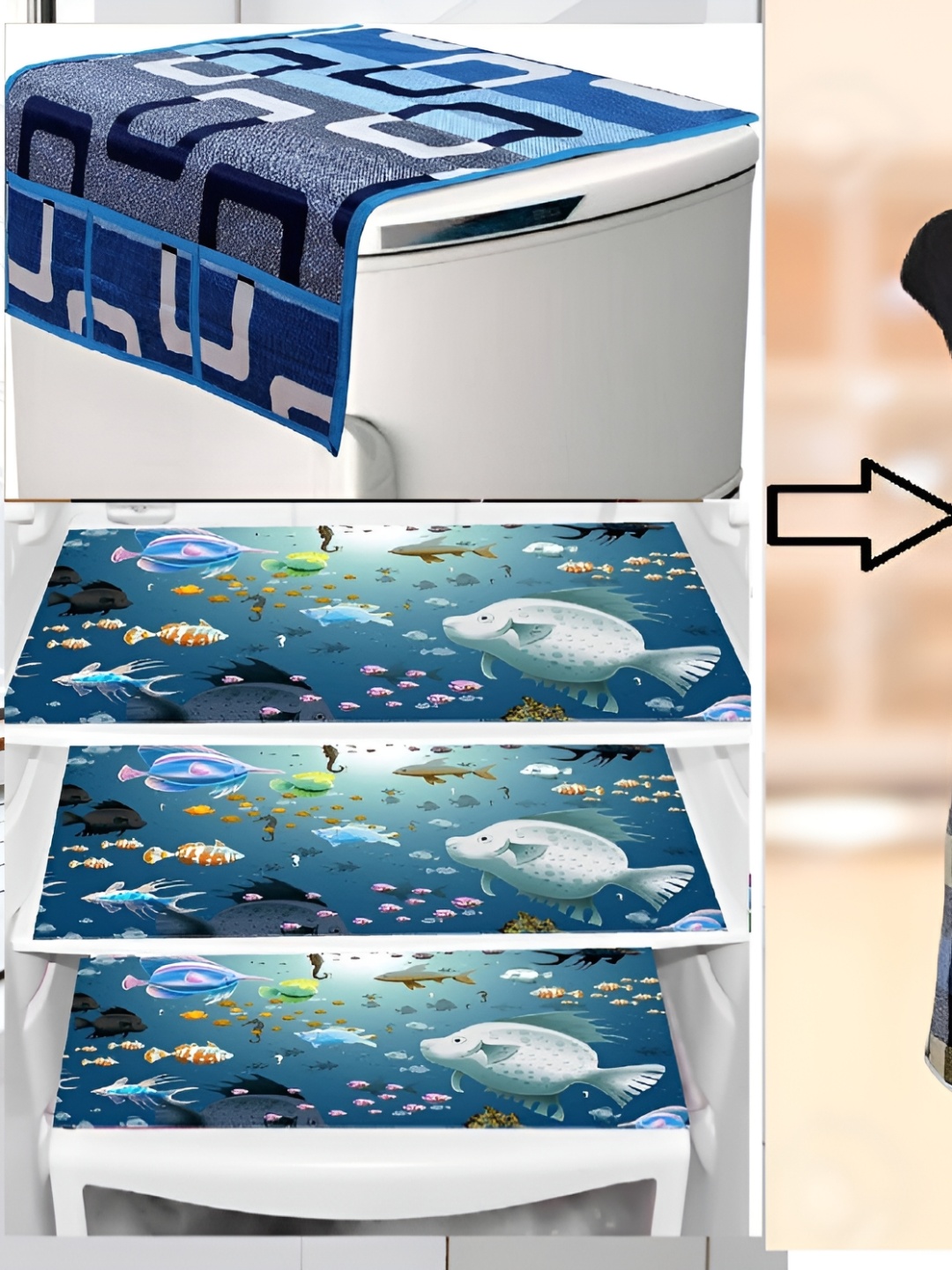 

REVEXO Blue & White Geometric Printed Fridge Cover With 3 Fridge Mats