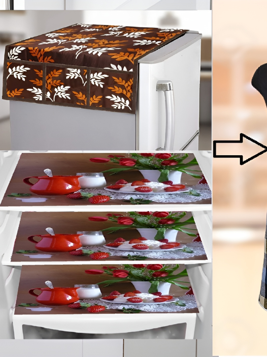 

REVEXO 5-Pcs Brown & Red 3 Pieces Printed Fridge Cover With Mats