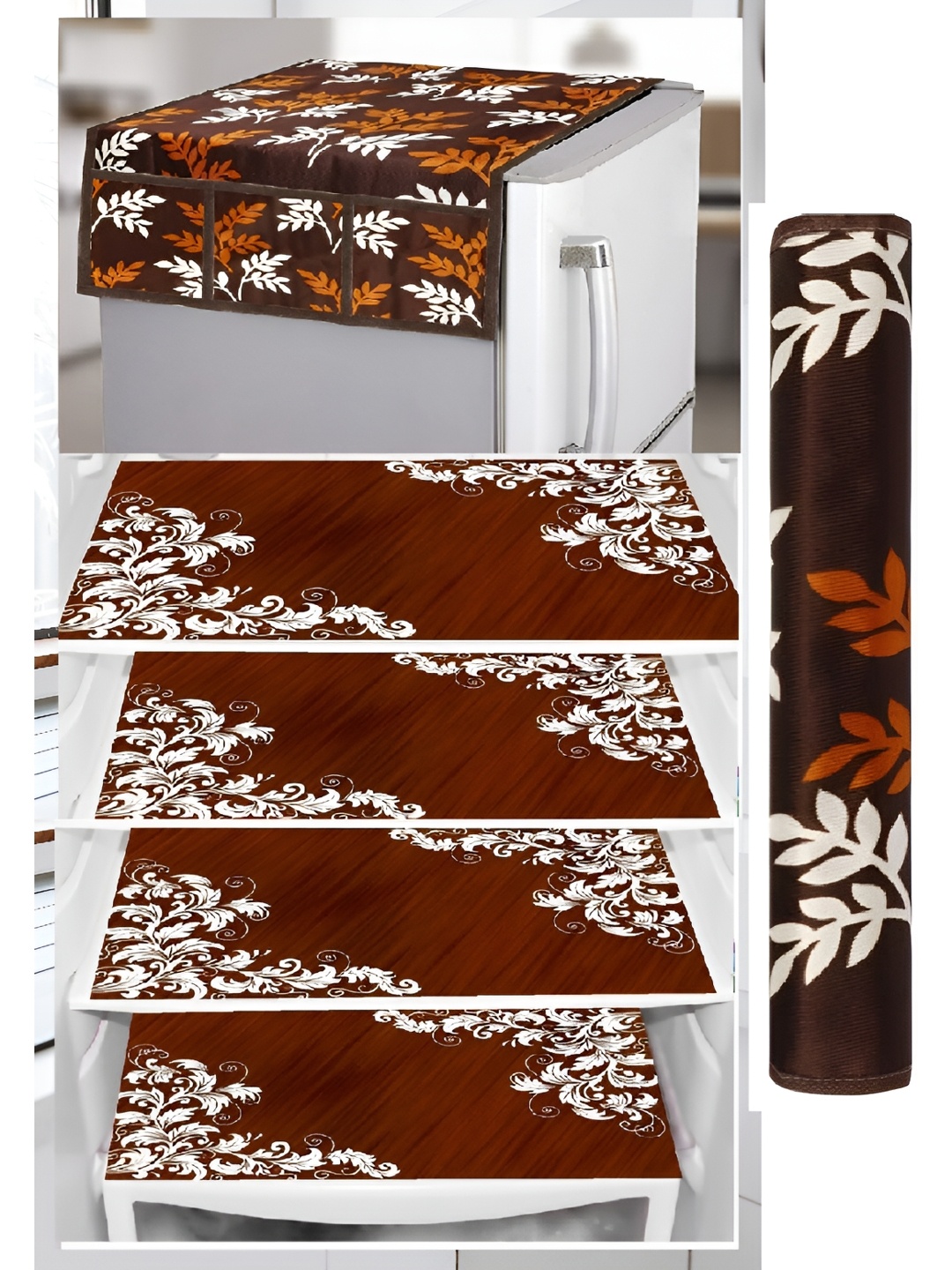 

REVEXO Brown & White Floral Printed Fridge Cover With 3 Fridge Mats