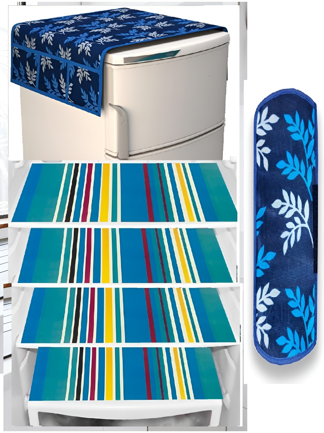 

REVEXO Blue & White 6 Pieces Printed Fridge Top Cover