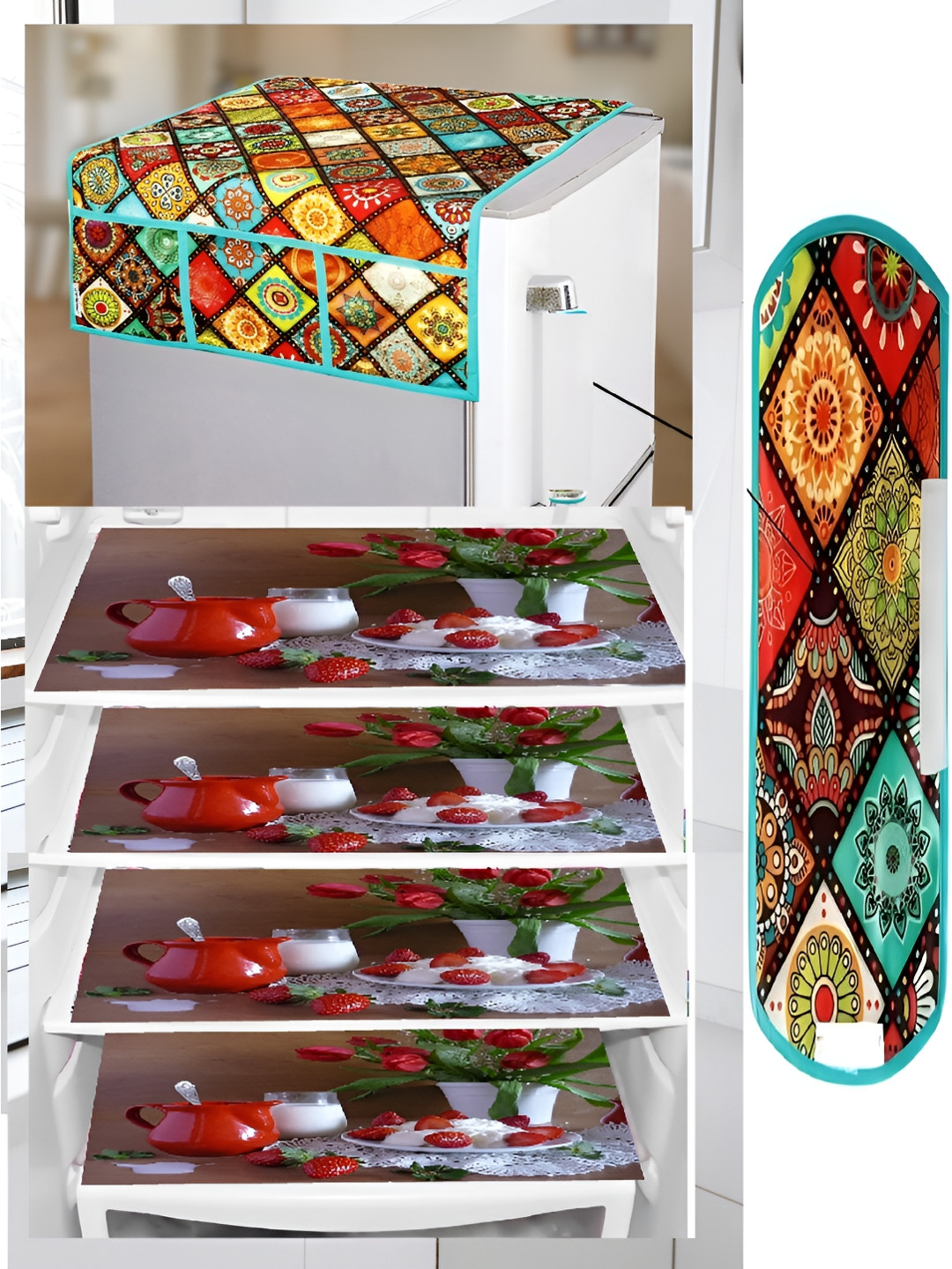 

REVEXO Green & Red 6 Pieces Printed Fridge Top Cover
