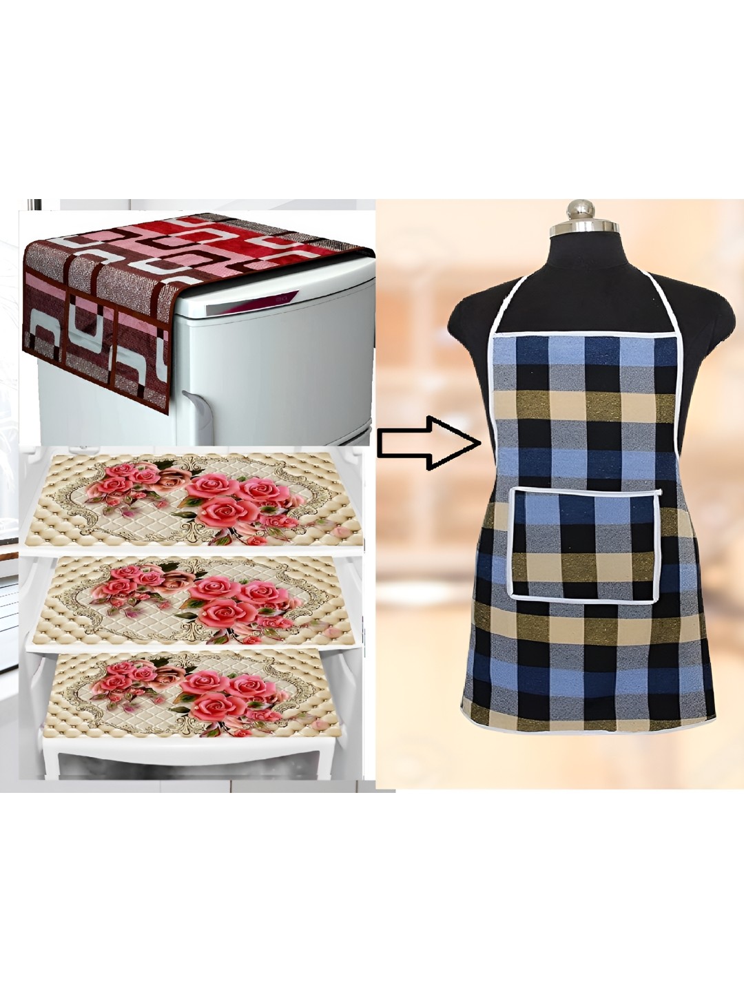 

REVEXO Brown & White 5 Pieces Printed Fridge Top Cover