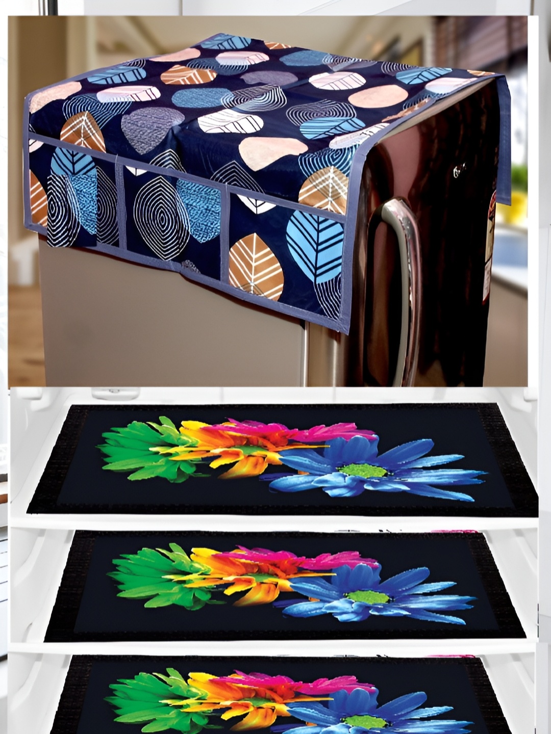 

REVEXO Blue & Black 5 Pieces Printed Fridge Top Cover & Fridge Mats