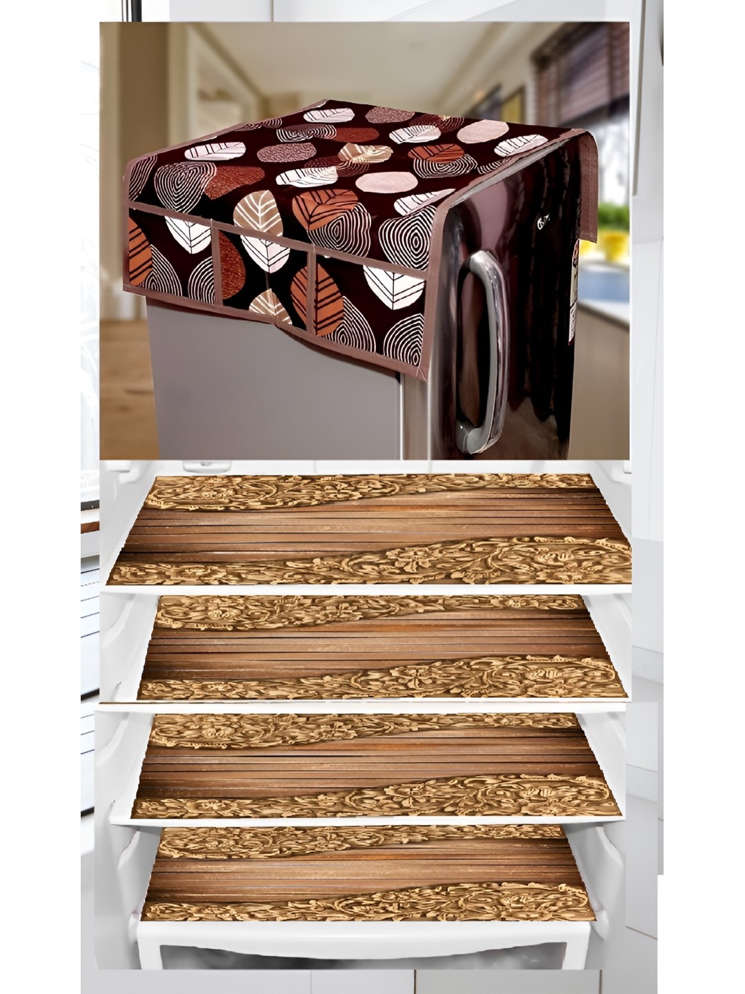 

REVEXO Brown & Beige Floral Printed Fridge Cover With 3 Fridge Mats