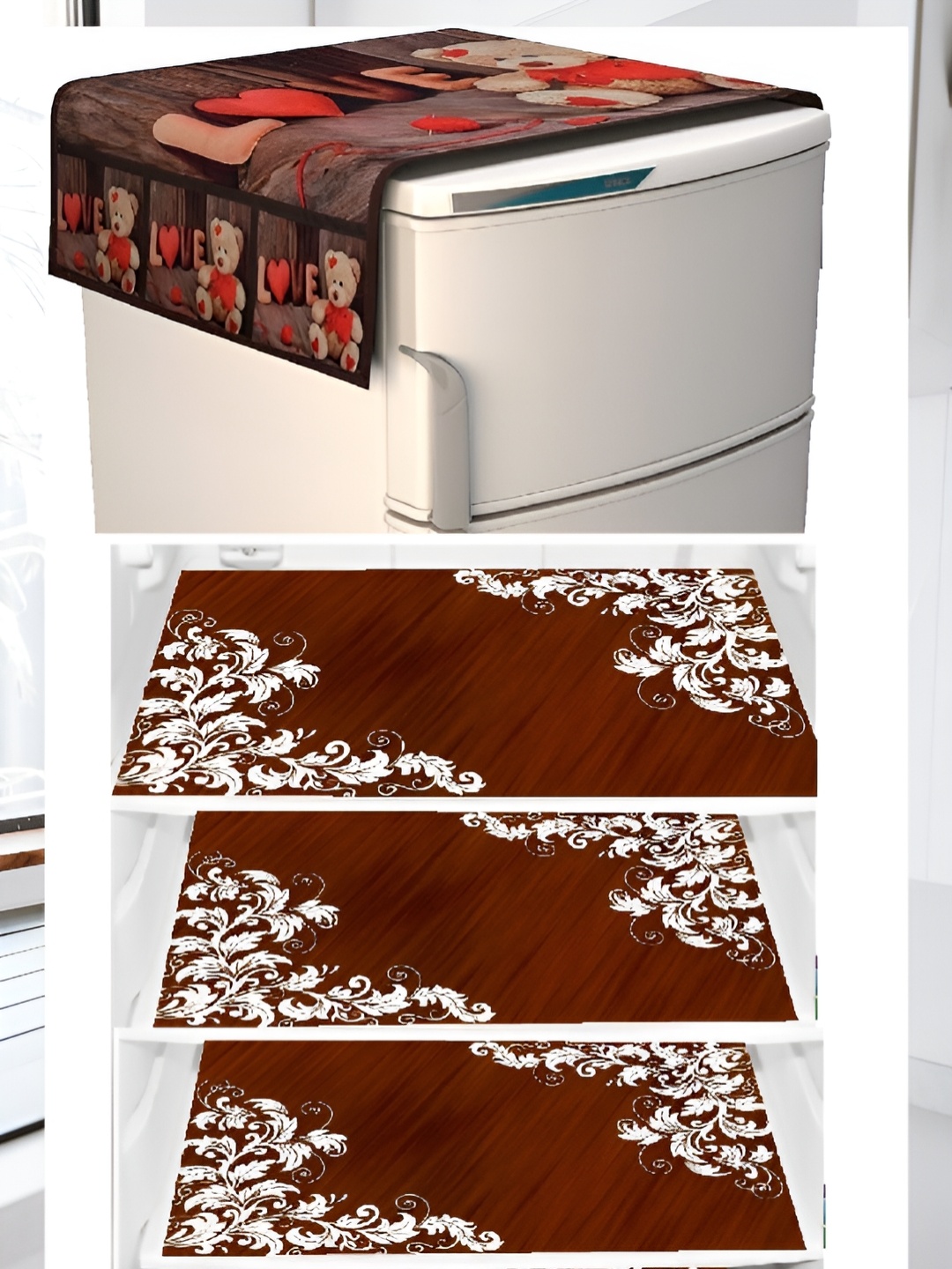 

REVEXO 5-Pcs Maroon Printed Fridge Top Cover & Fridge Mats