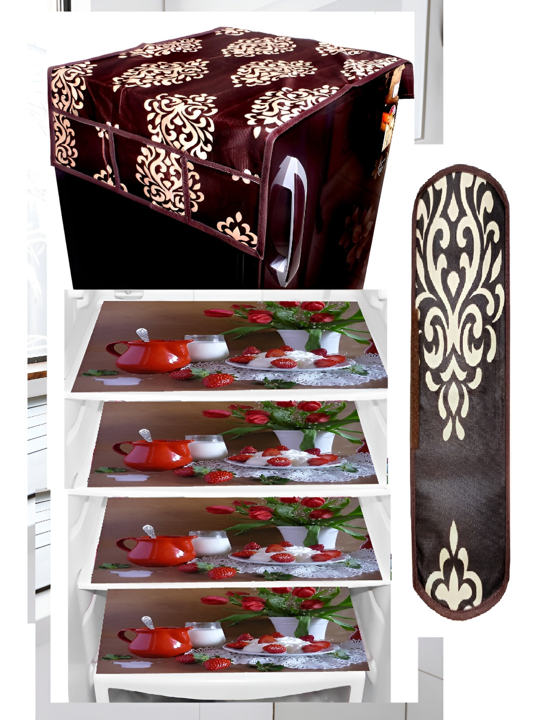 

REVEXO Brown & Red 6 Pieces Floral Printed Appliance covers