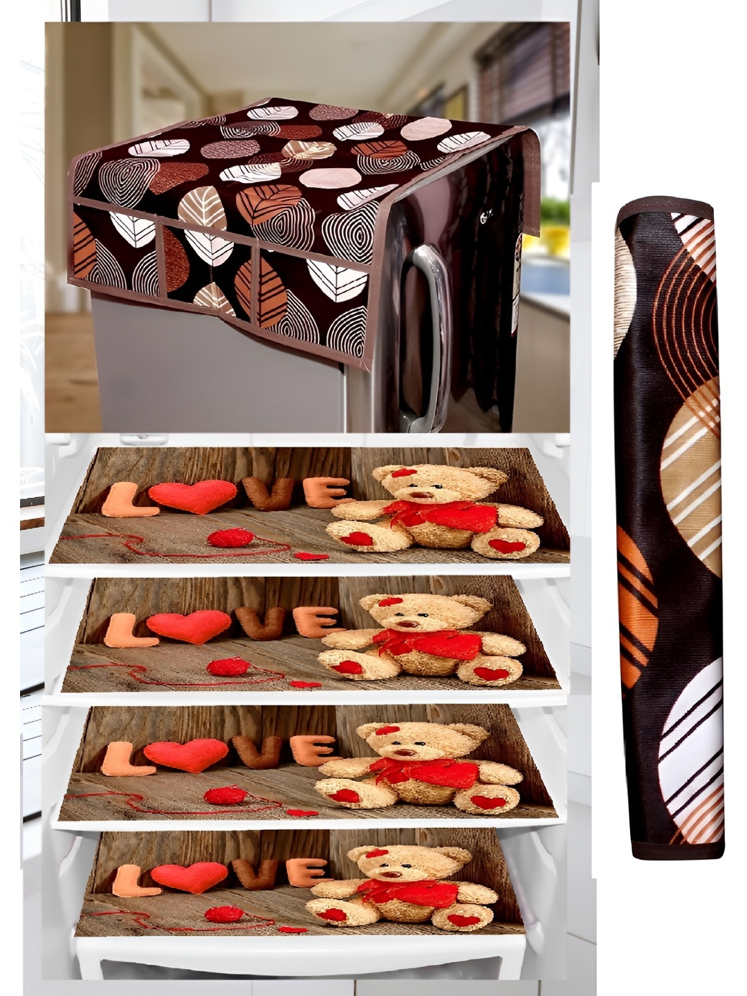 

REVEXO Brown & Beige Floral Printed Fridge Cover With 3 Fridge Mats