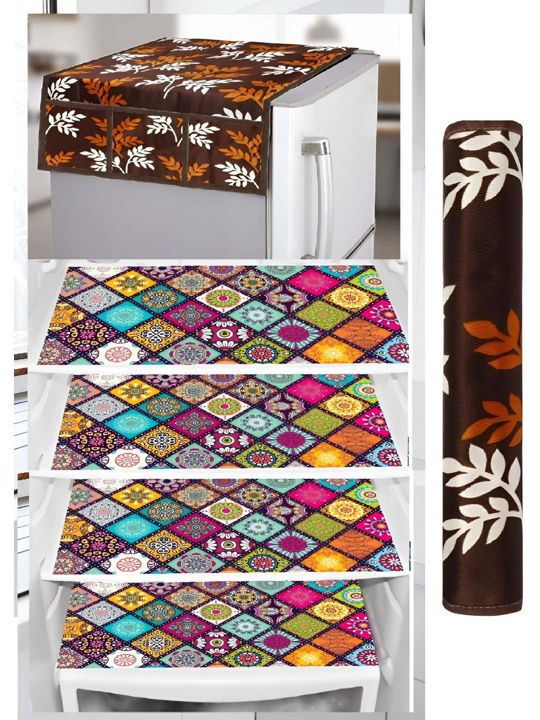 

REVEXO Brown & Blue Floral Printed Fridge Cover With 3 Fridge Mats