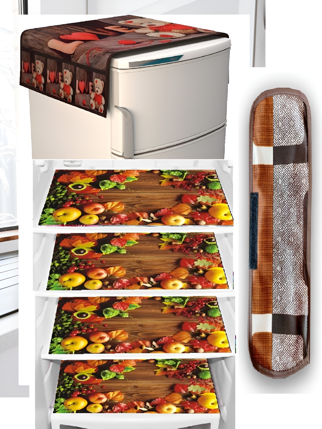 

REVEXO Brown & Red 4 Pieces Printed Fridge Cover With Mats