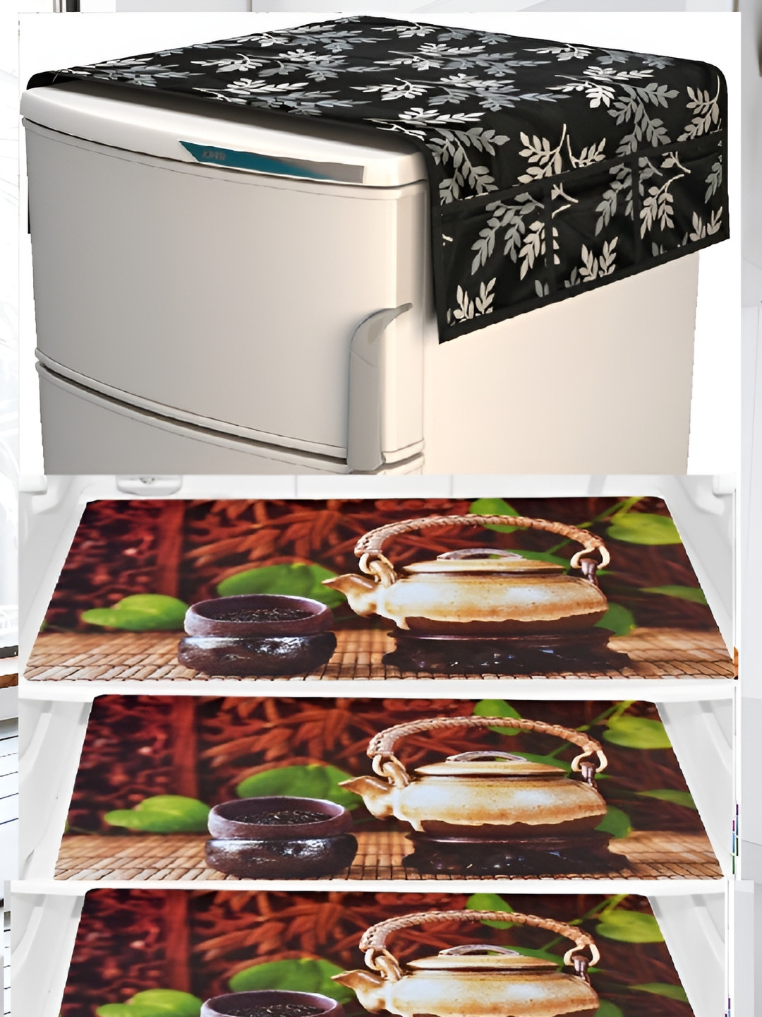 

REVEXO Black & Maroon 4 Pieces Printed Fridge Top Cover & Fridge Mats