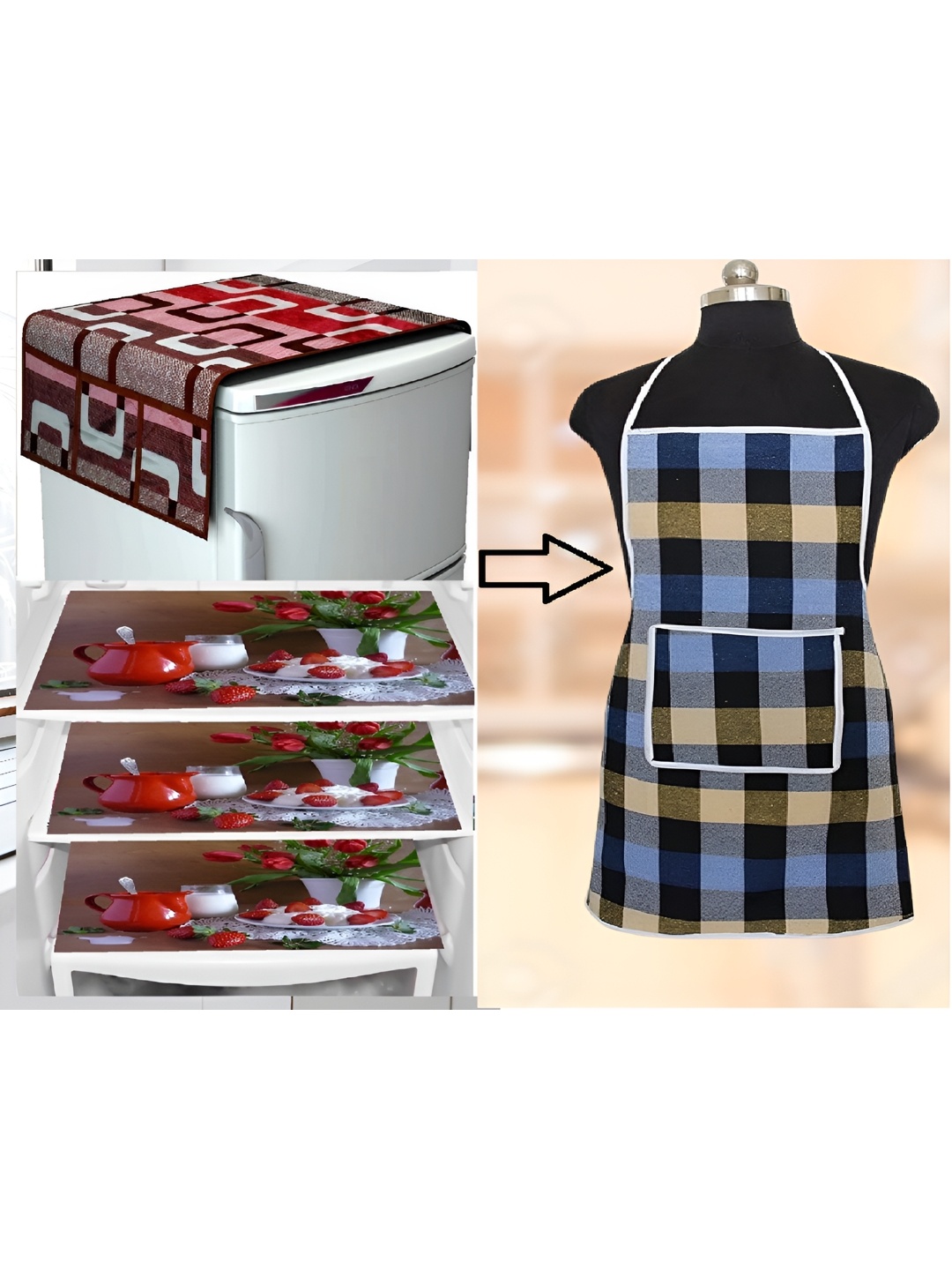 

REVEXO Brown & Red Geometric Printed Fridge Cover With 3 Fridge Mats & Apron