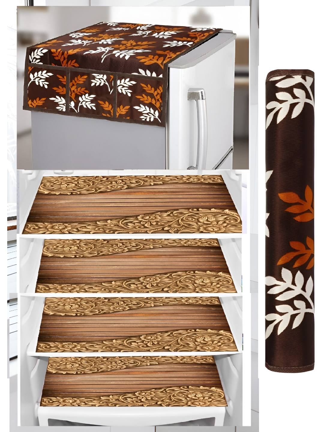 

REVEXO Set of 5 Brown & White Printed Fridge Cover Mats