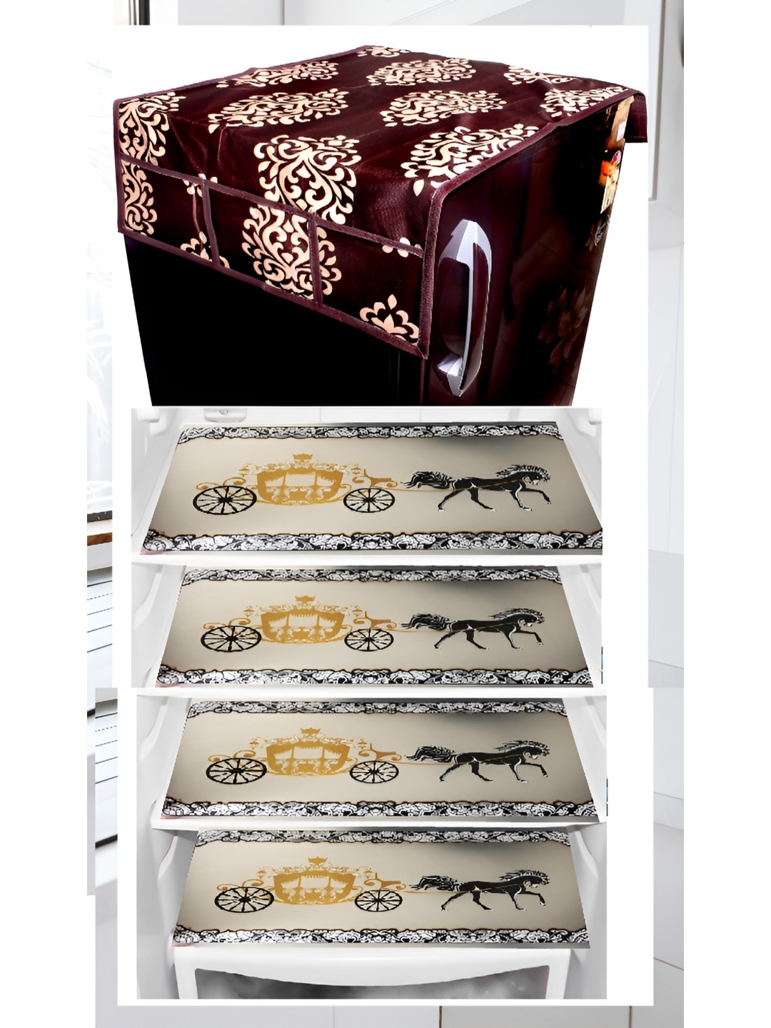 

REVEXO Brown & Beige Floral Printed Fridge Cover With 3 Fridge Mats