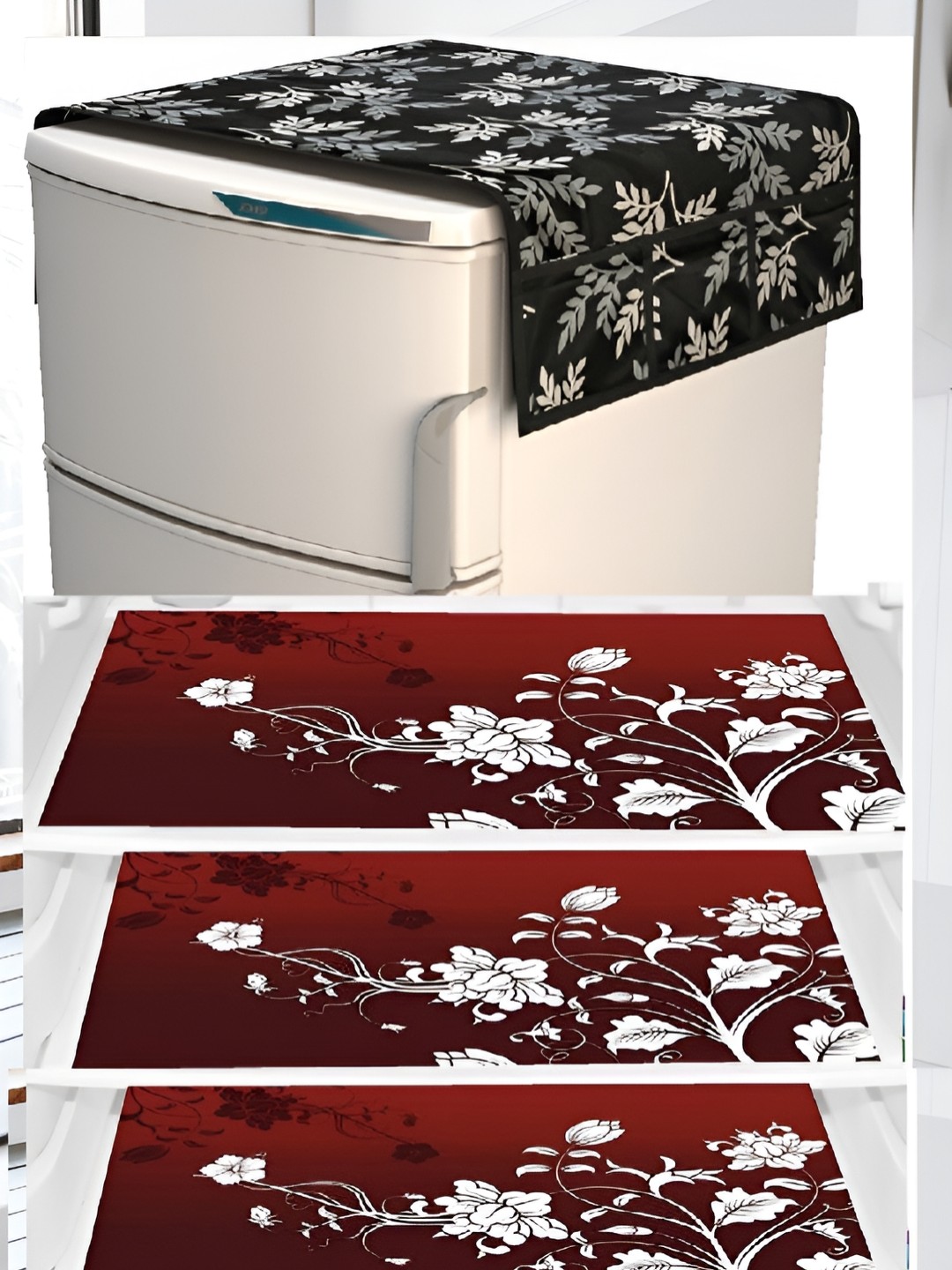 

REVEXO 5-Pcs Navy Blue & Maroon Printed Fridge Top Cover & Fridge Mats