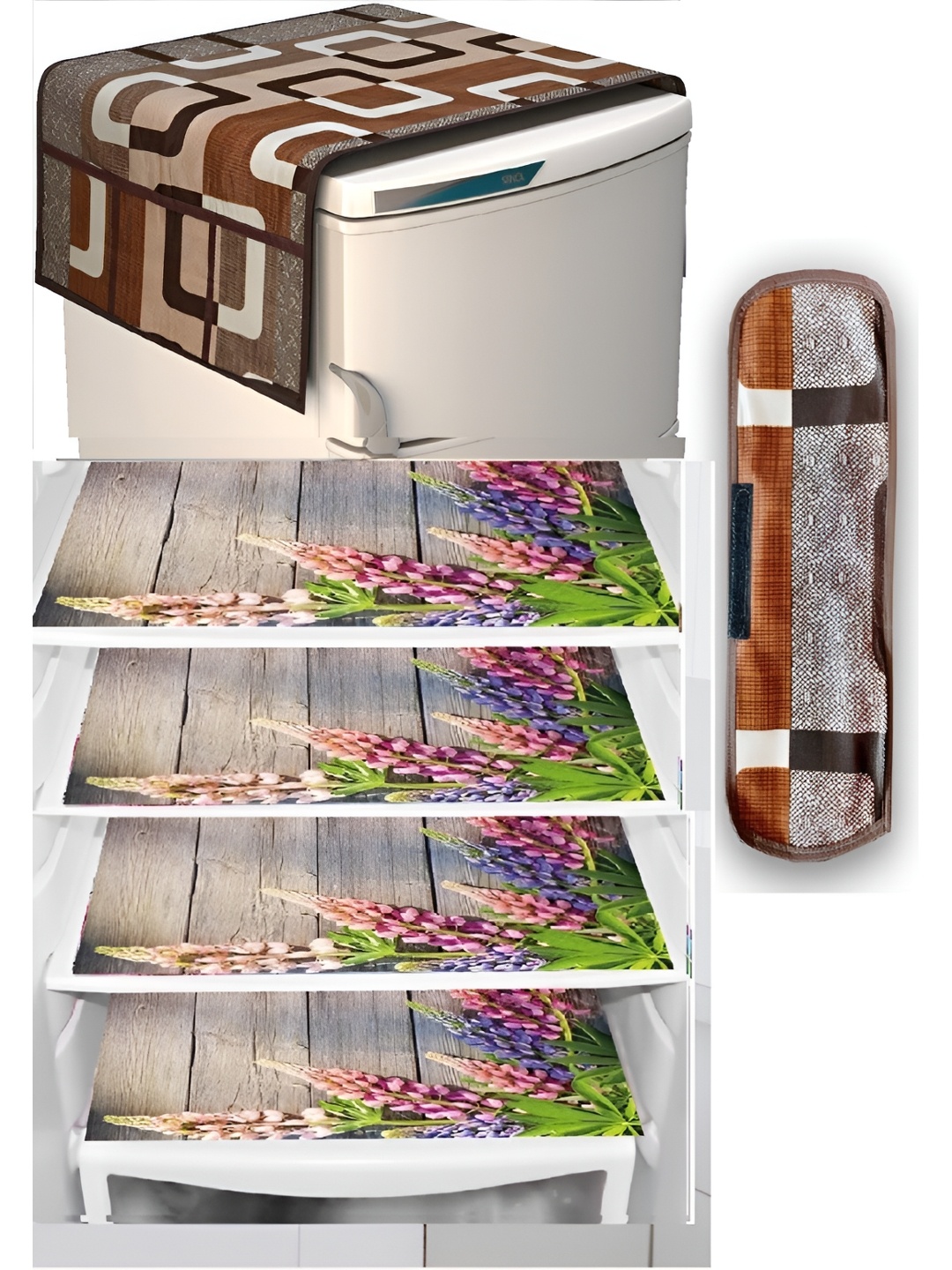 

REVEXO 6-Pcs Maroon & Grey Printed Fridge Top Cover With Fridge Handle Cover & Fridge Mats