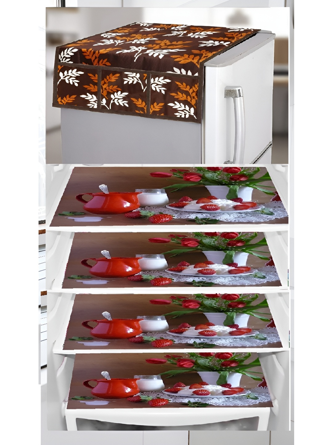 

REVEXO Set of 5 Printed Fridge Cover Mats, Brown